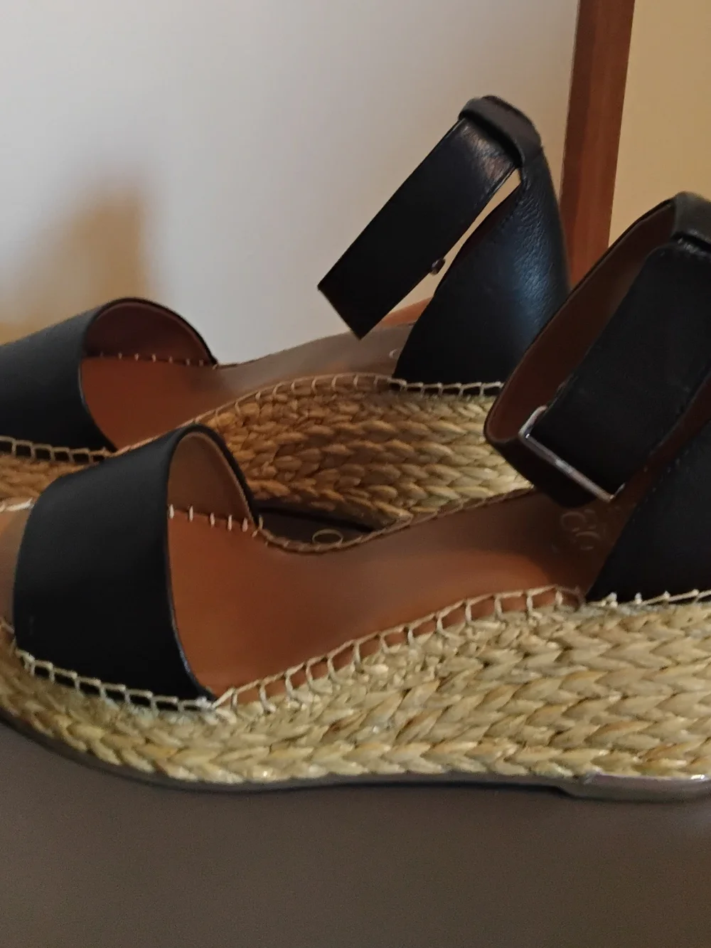 Franco Sarto Black Leather Espadrille Wedge Sandals with Ankle Strap, Size 9